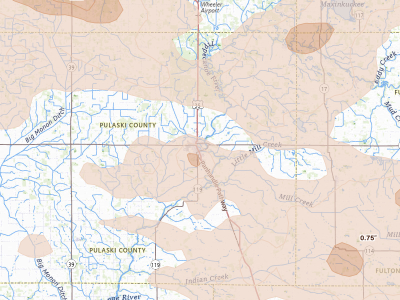 Radar-estimated hail-size map of the storm over Winamac, IN on Aug 10, 2026