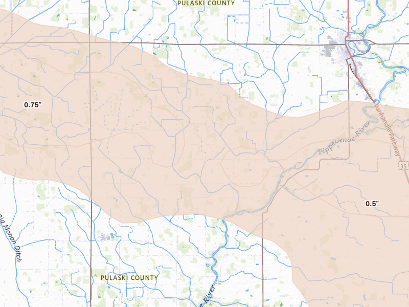 Radar-estimated hail-size map of the storm over Winamac, IN on Aug 11, 2026