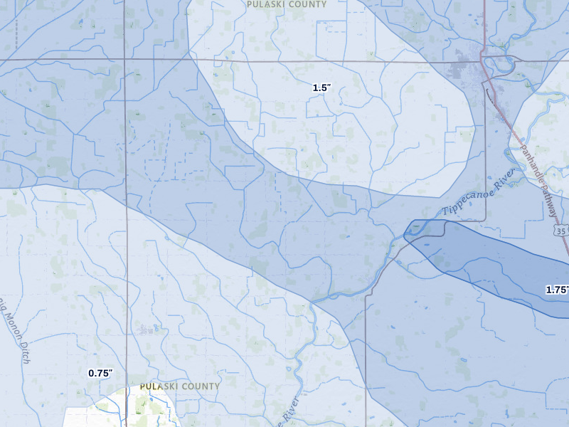 NEXRAD radar-signature map of the hail storm over Winamac, IN on Aug 11, 2026