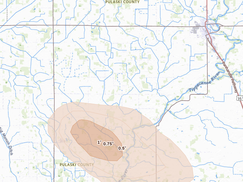 Radar-estimated hail-size map of the storm over Winamac, IN on Sep 4, 2026
