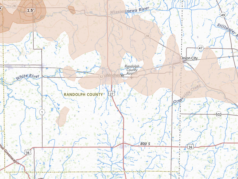 Radar-estimated hail-size map of the storm over Winchester, IN on Mar 22, 2026