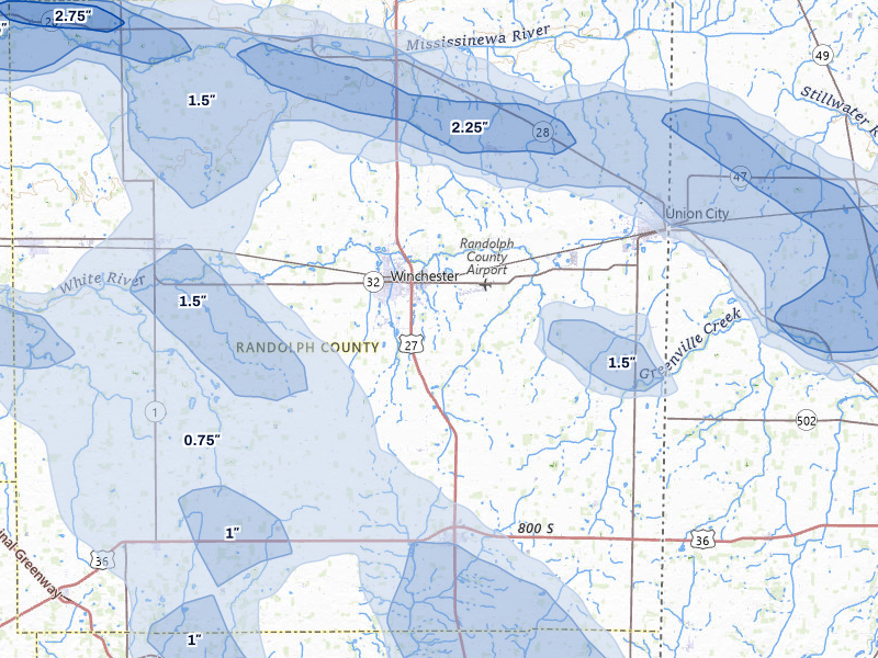 NEXRAD radar-signature map of the hail storm over Winchester, IN on Mar 22, 2026