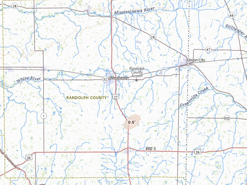 Radar-estimated hail-size map of the storm over Winchester, IN on Jul 4, 2026