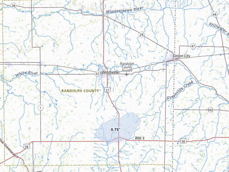 NEXRAD radar-signature map of the hail storm over Winchester, IN on Jul 4, 2026