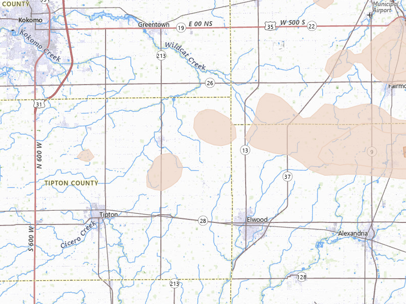 Radar-estimated hail-size map of the storm over Windfall, IN on Mar 22, 2026