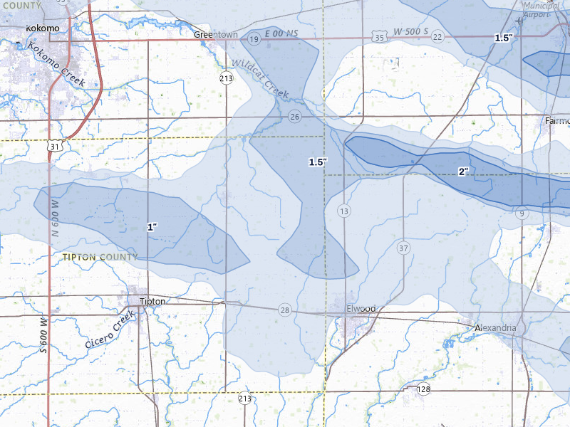 NEXRAD radar-signature map of the hail storm over Windfall, IN on Mar 22, 2026