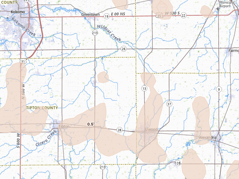Radar-estimated hail-size map of the storm over Windfall, IN on Mar 26, 2026