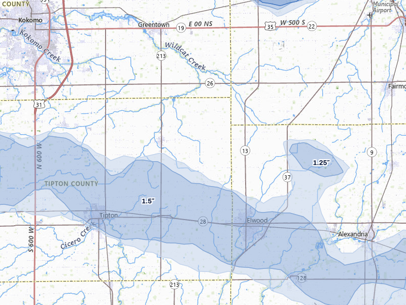 NEXRAD radar-signature map of the hail over Windfall, IN