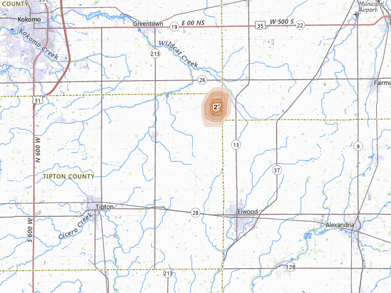 Radar-estimated hail-size map of the storm over Windfall, IN on Jun 17, 2026