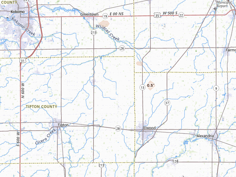 Radar-estimated hail-size map of the storm over Windfall, IN on Jul 10, 2026