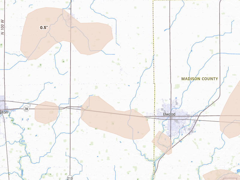 Radar-estimated hail-size map of the storm over Windfall, IN on Aug 11, 2026