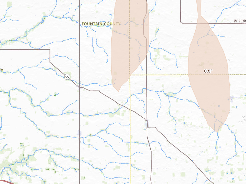 Radar-estimated hail-size map of the storm over Wingate, IN on Apr 27, 2026