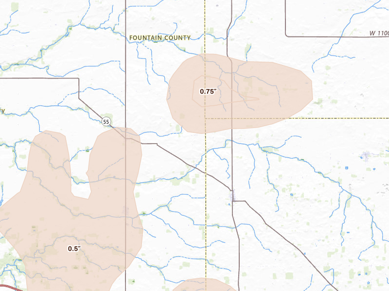 Radar-estimated hail-size map of the storm over Wingate, IN on Jun 6, 2026