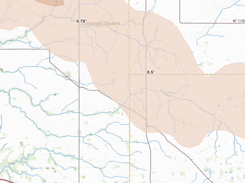Radar-estimated hail-size map of the storm over Wingate, IN on Aug 11, 2026