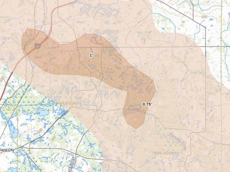 Radar-estimated hail-size map of the storm over Winslow, IN on Aug 12, 2026