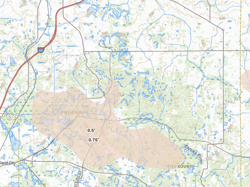Radar-estimated hail-size map of the storm over Winslow, IN on Aug 16, 2026
