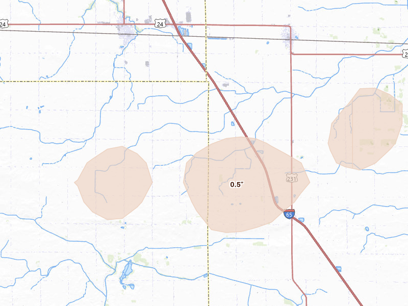 Radar-estimated hail-size map of the storm over Wolcott, IN on Jun 5, 2026