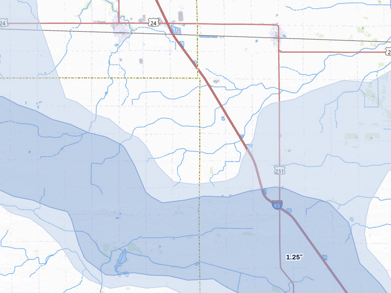 NEXRAD radar-signature map of the hail storm over Wolcott, IN on Jun 5, 2026