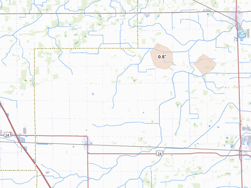 Radar-estimated hail-size map of the storm over Wolcott, IN on Aug 10, 2026
