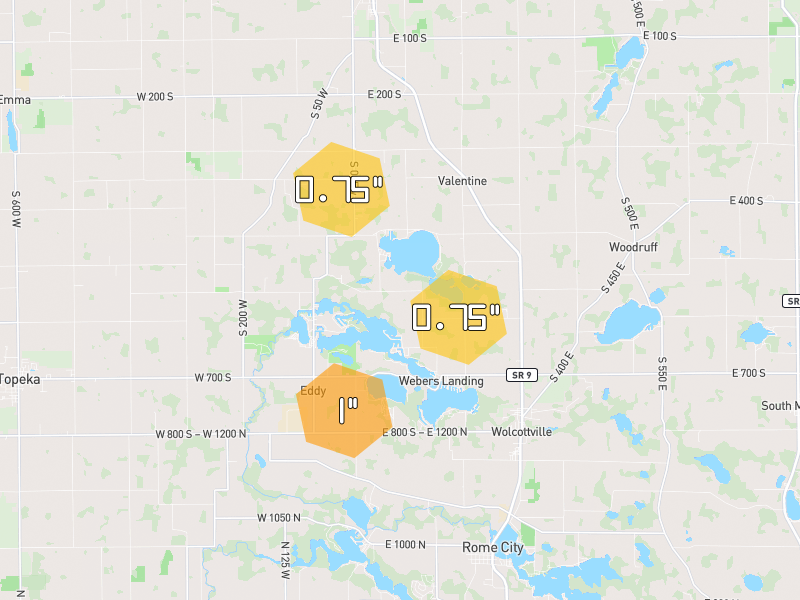 Hail map of Wolcottville, IN on Jun 6, 2026, hail up to 1"