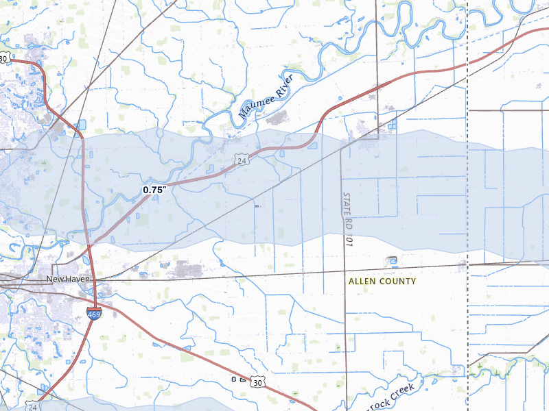 NEXRAD radar-signature map of the hail over Woodburn, IN
