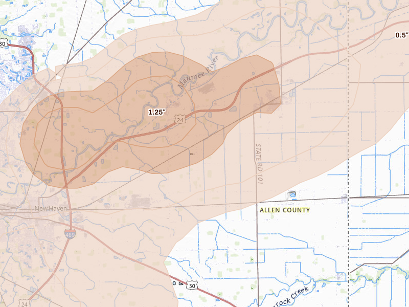 Radar-estimated hail-size map of the storm over Woodburn, IN on Aug 9, 2026