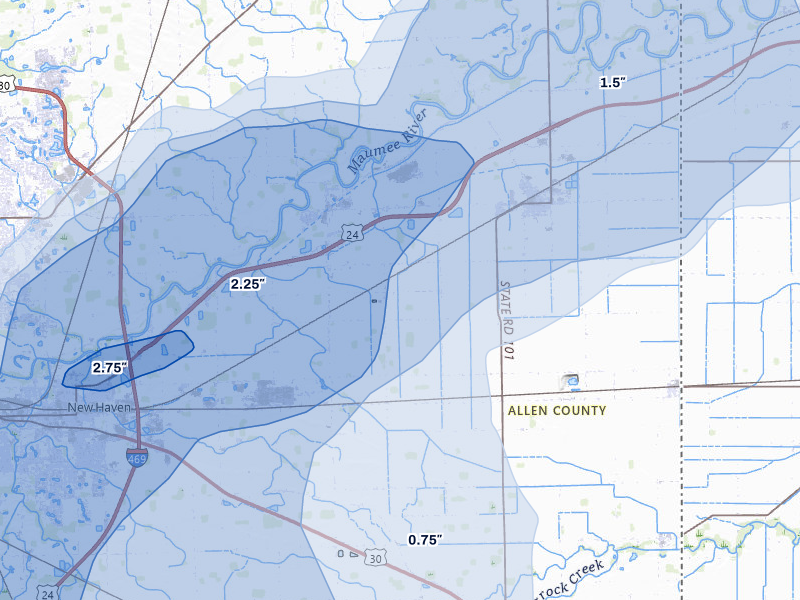 NEXRAD radar-signature map of the hail storm over Woodburn, IN on Aug 9, 2026