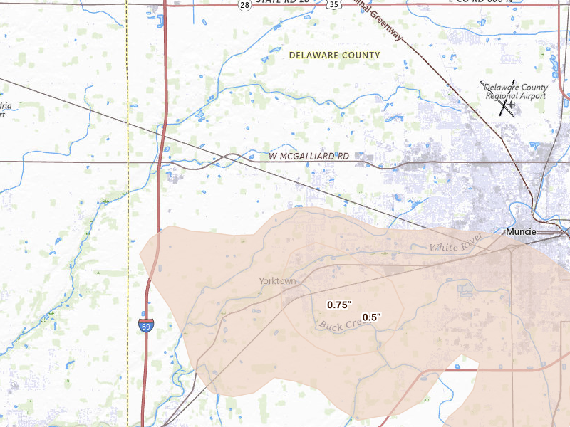 Radar-estimated hail-size map of the storm over Yorktown, IN on Mar 22, 2026