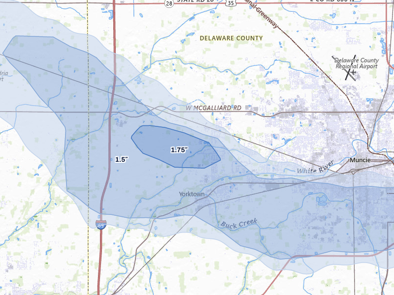 NEXRAD radar-signature map of the hail storm over Yorktown, IN on Mar 22, 2026