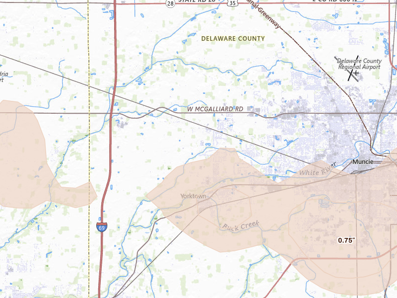 Radar-estimated hail-size map of the storm over Yorktown, IN on Mar 26, 2026