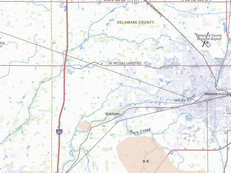 Radar-estimated hail-size map of the storm over Yorktown, IN on Aug 11, 2026