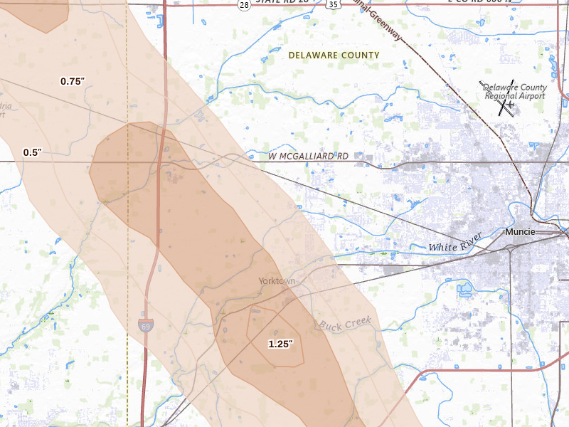 Radar-estimated hail-size map of the storm over Yorktown, IN on Aug 13, 2026