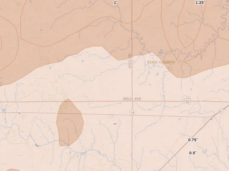 Radar-estimated hail-size map of the storm over Abbyville, KS on May 18, 2026