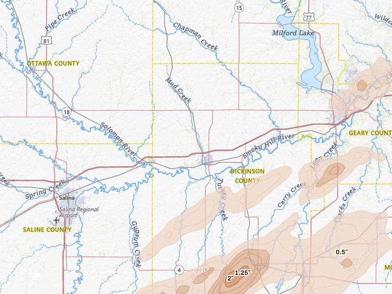 Radar-estimated hail-size map of the storm over Abilene, KS on Apr 23, 2026