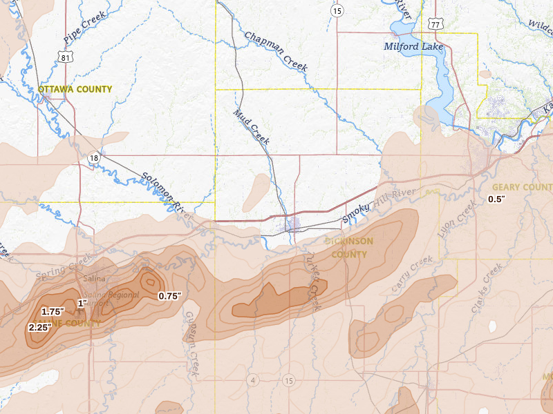 Radar-estimated hail-size map of the storm over Abilene, KS on Apr 26, 2026
