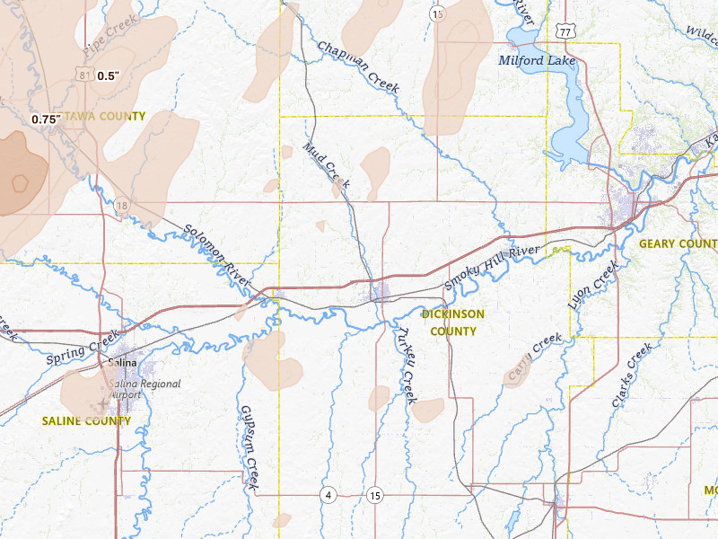 Radar-estimated hail-size map of the storm over Abilene, KS on May 17, 2026