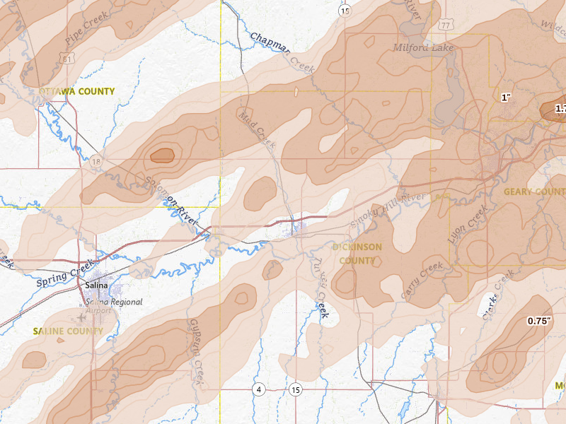 Radar-estimated hail-size map of the storm over Abilene, KS on May 18, 2026