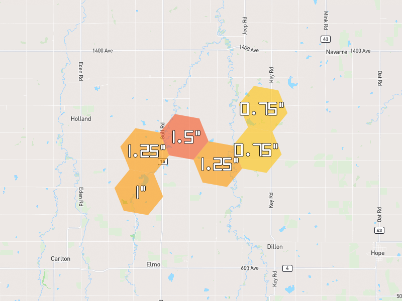 Hail map of Abilene, KS on Jun 1, 2026, hail up to 1.5"