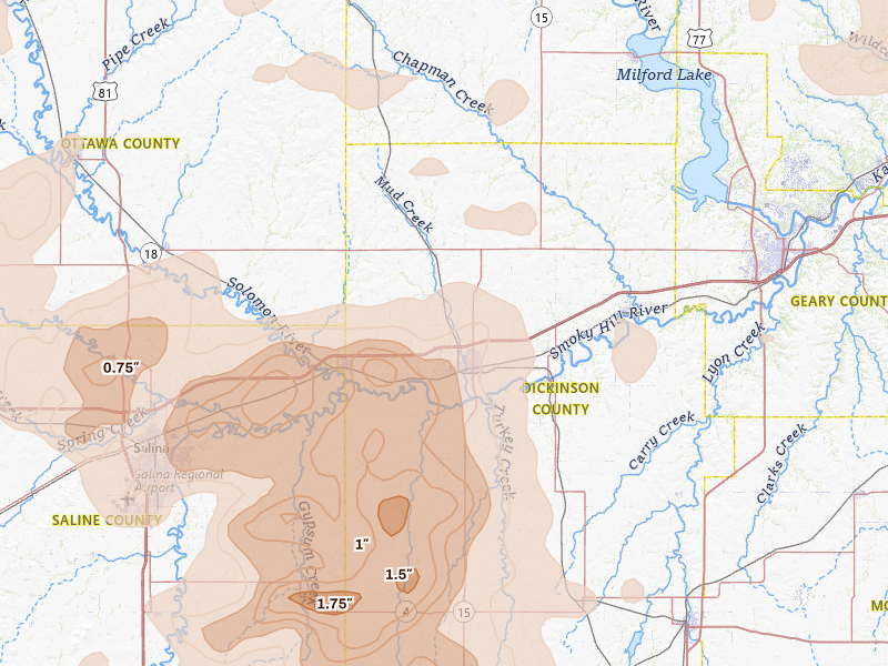 Radar-estimated hail-size map of the storm over Abilene, KS on Jun 8, 2026