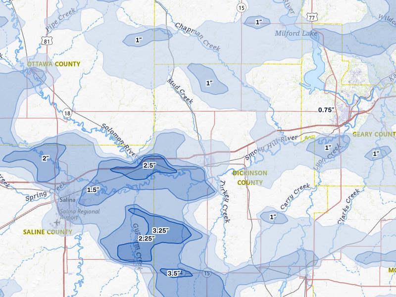 NEXRAD radar-signature map of the hail storm over Abilene, KS on Jun 8, 2026