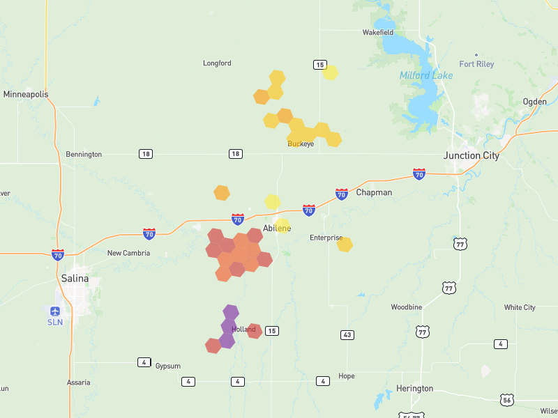 Hail map of Abilene, KS on Jun 9, 2026, hail up to 3"