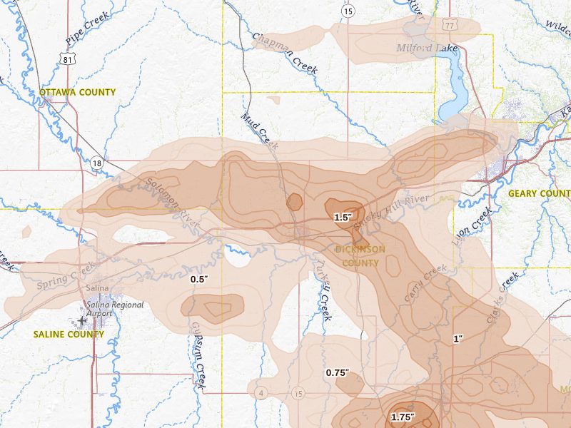 Radar-estimated hail-size map of the storm over Abilene, KS on Jun 10, 2026