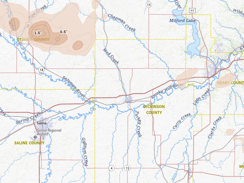 Radar-estimated hail-size map of the storm over Abilene, KS on Jul 3, 2026