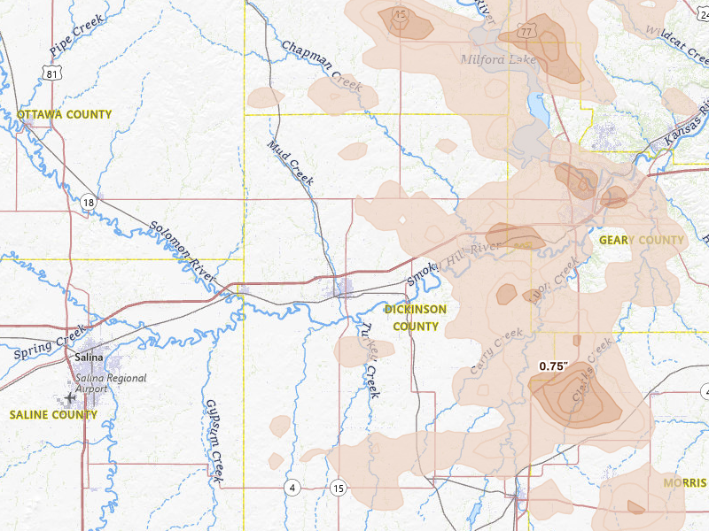 Radar-estimated hail-size map of the storm over Abilene, KS on Aug 6, 2026