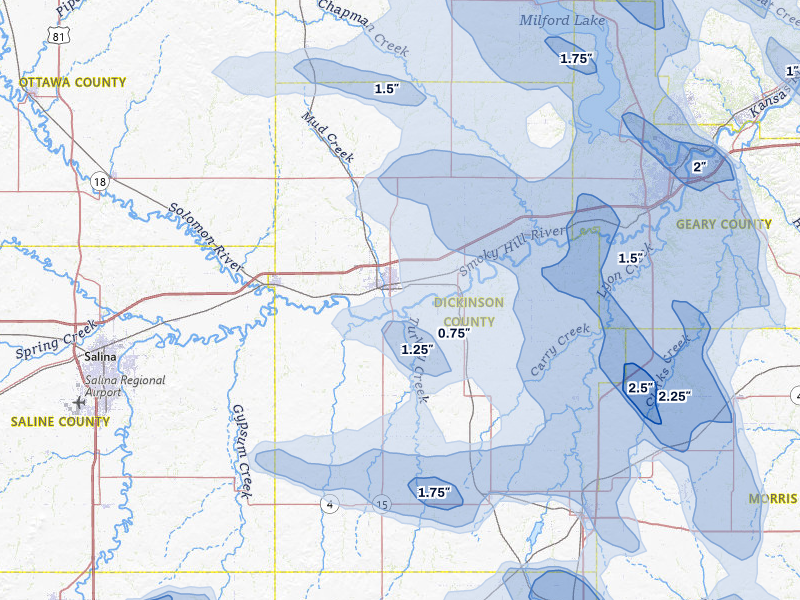 NEXRAD radar-signature map of the hail storm over Abilene, KS on Aug 6, 2026