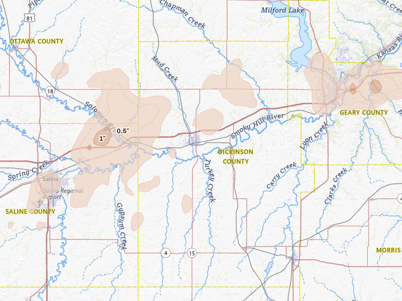 Radar-estimated hail-size map of the storm over Abilene, KS on Aug 13, 2026