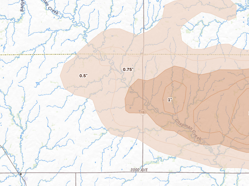 Radar-estimated hail-size map of the storm over Abilene, KS on Aug 18, 2026