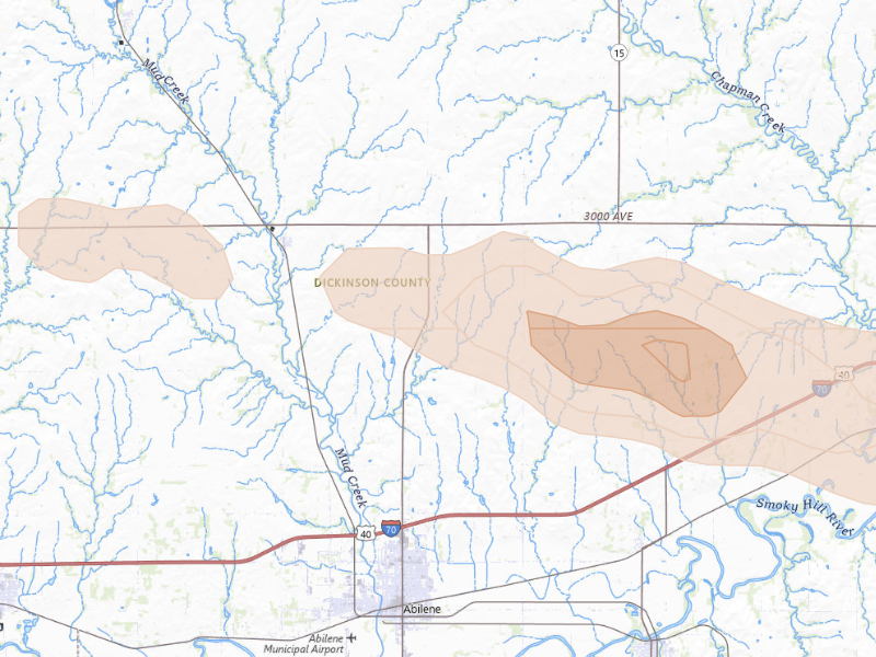 Radar-estimated hail-size map of the storm over Abilene, KS on Sep 12, 2026