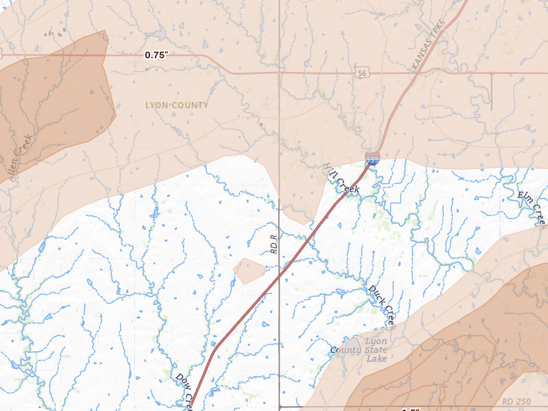 Radar-estimated hail-size map of the storm over Admire, KS on Apr 13, 2026