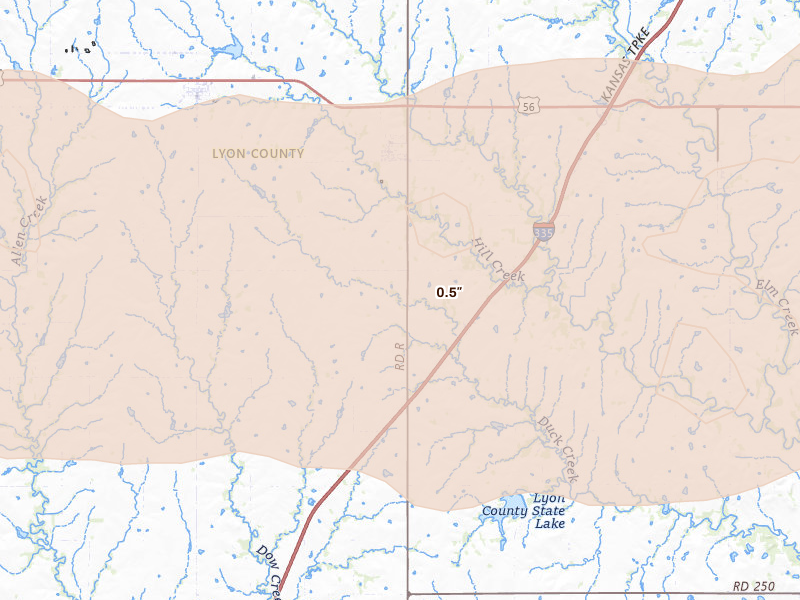 Radar-estimated hail-size map of the storm over Admire, KS on Apr 23, 2026